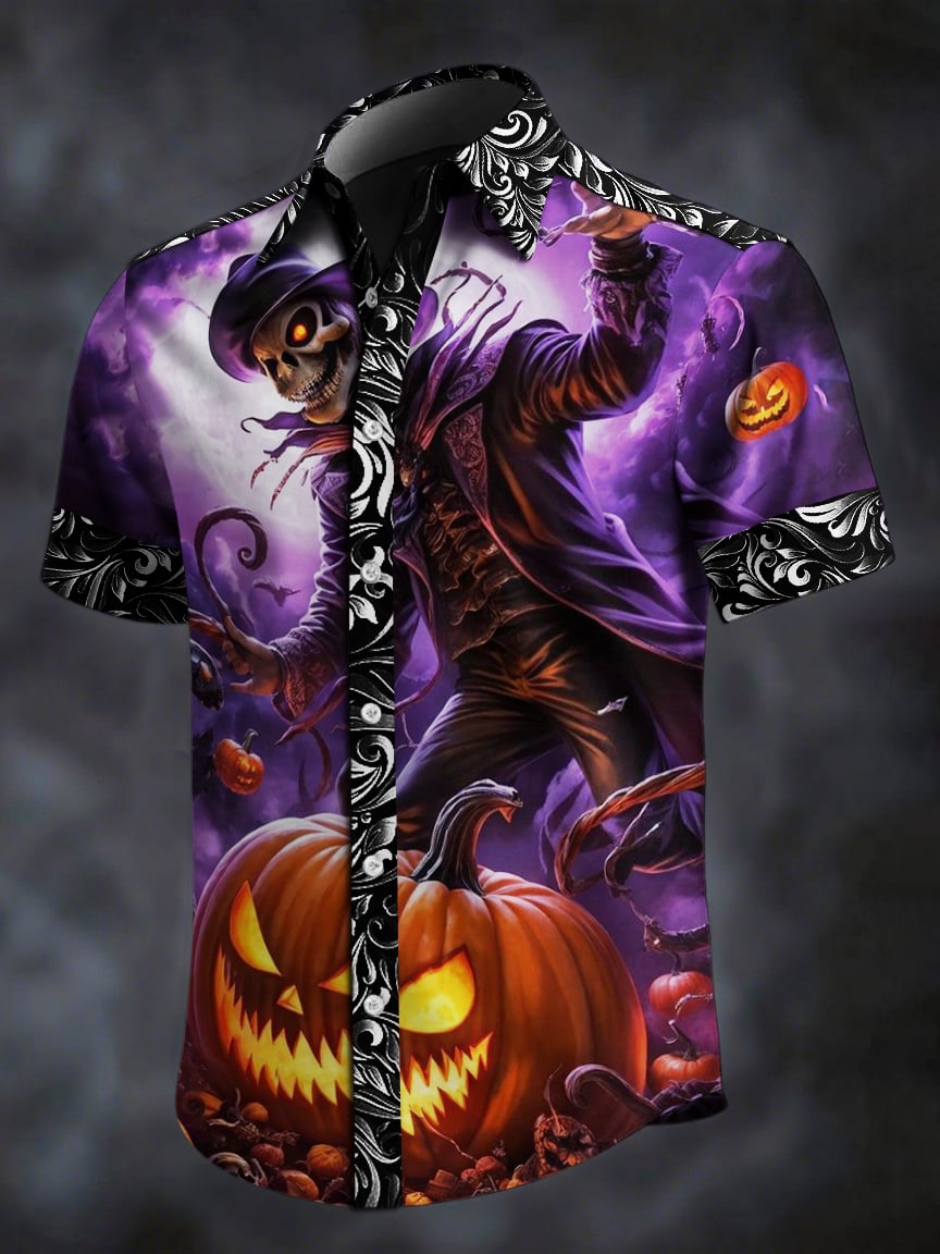 Camisa retro Skull estampado solapa de manga corta para hombre