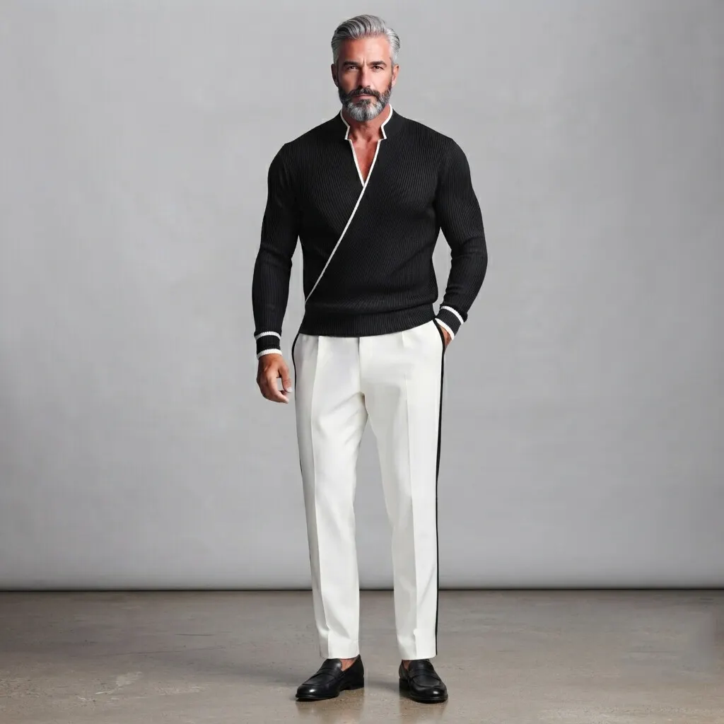 para hombre Black Ribbed tejido Stand Collar Contrast Piping de corte entallado Wrapped Sweater