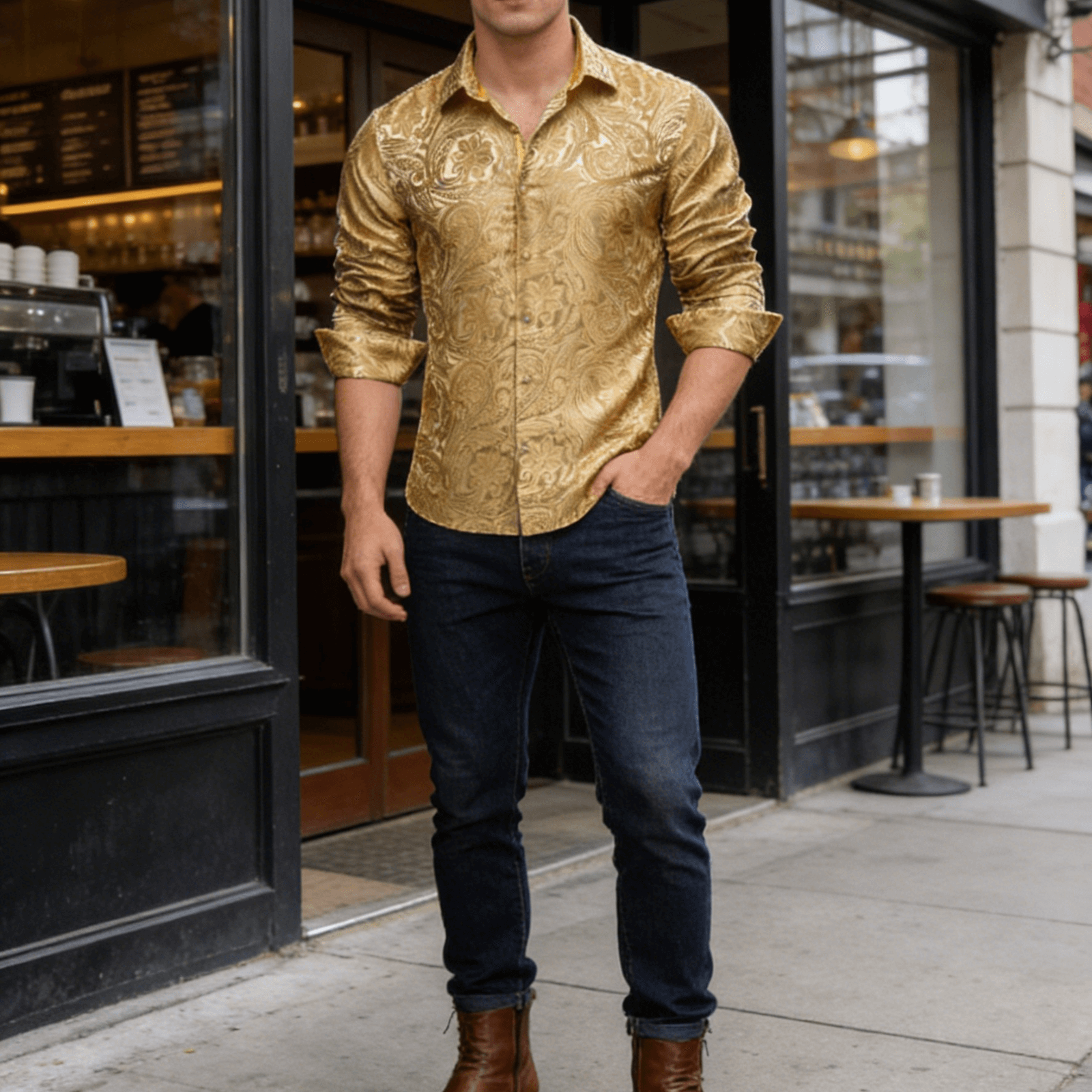 Camisa Mens Gold de chalecoir Paisley seda de manga larga con botones formal camisas