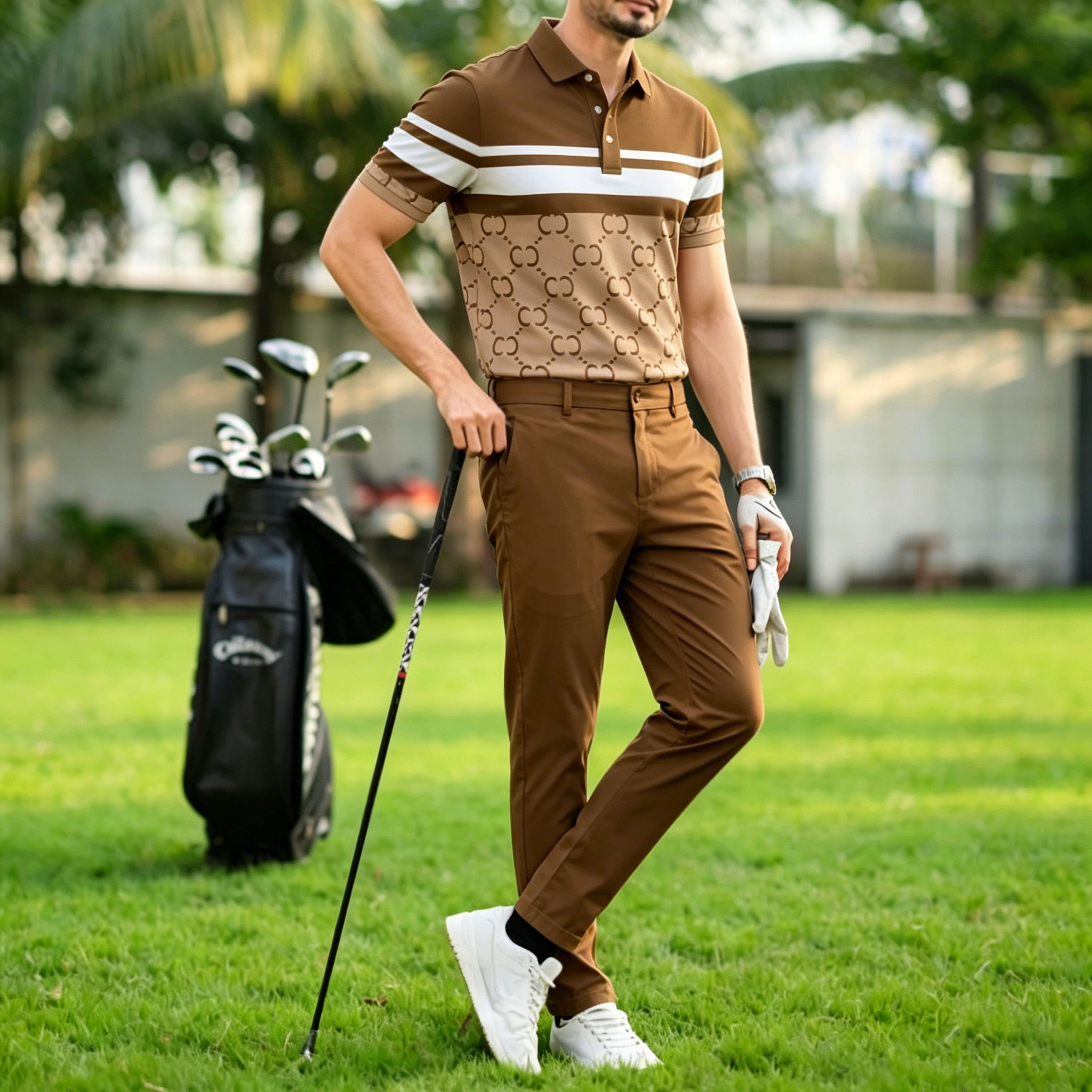 Conjunto de dos piezas casual Dark Brown a cuadros estampado camisa polo And pantalón para hombre