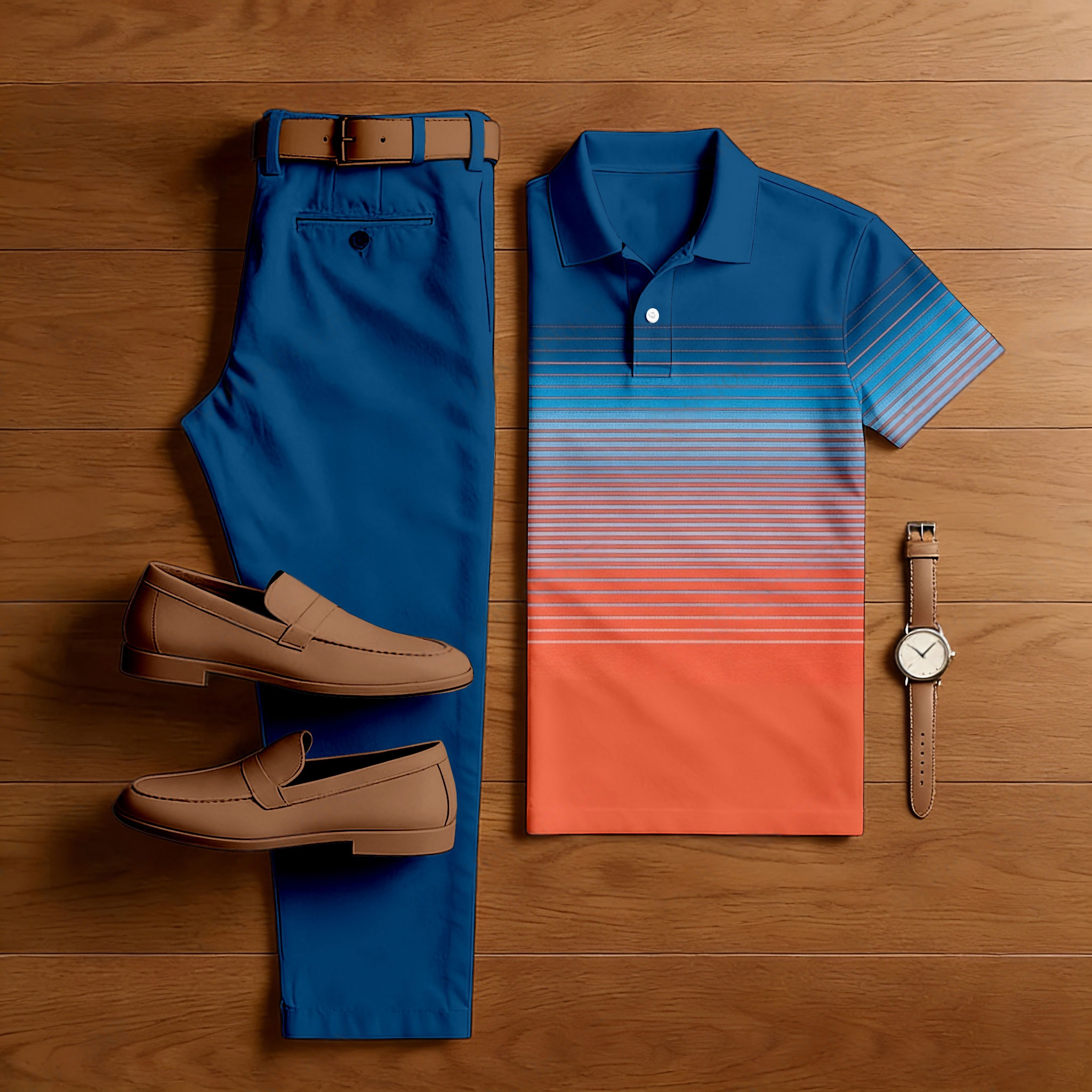 Conjunto de dos piezas casual Royal Blue & Orange Gradient Color Matching a rayas estampado de manga corta camisa polo & Trousers para hombre