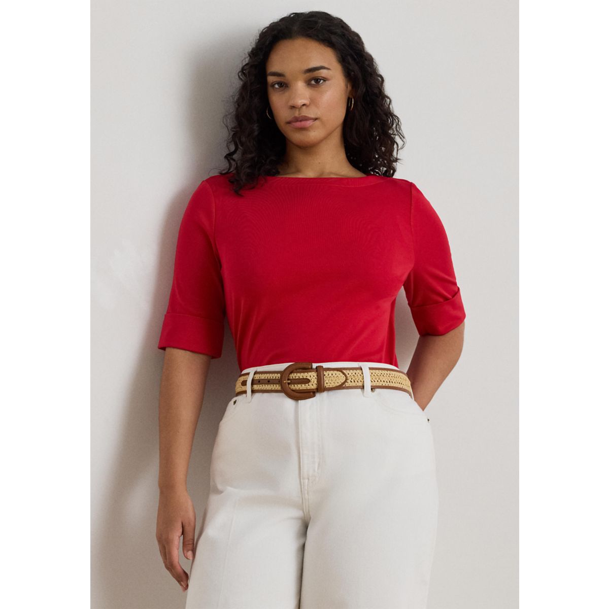 Plus Size Cotton Boat Neck T-Shirt - 1