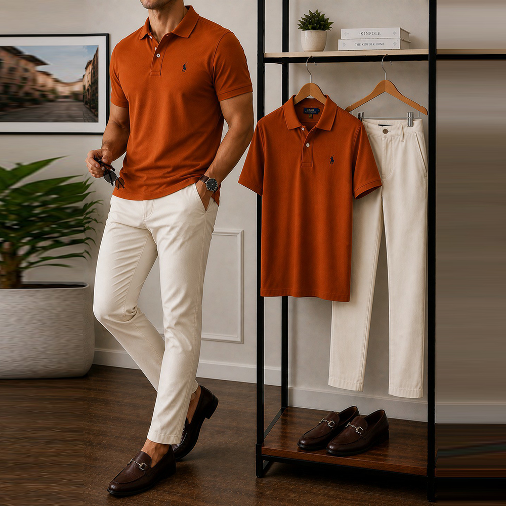 Conjunto de dos piezas casual Orange Embroidered Logo camisa polo And White pantalón para hombre