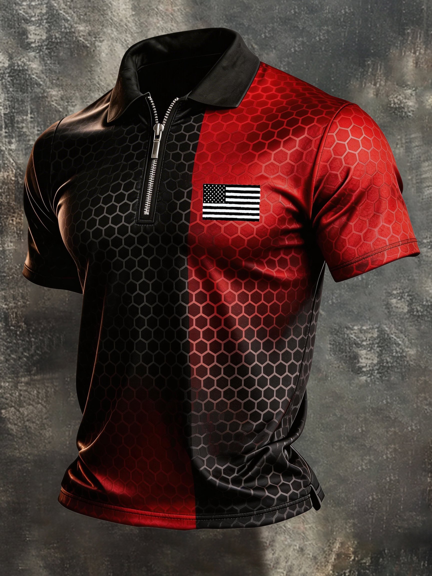 Camisa polo retro "Patriot" Color-Block de manga corta Half-Zip para hombre