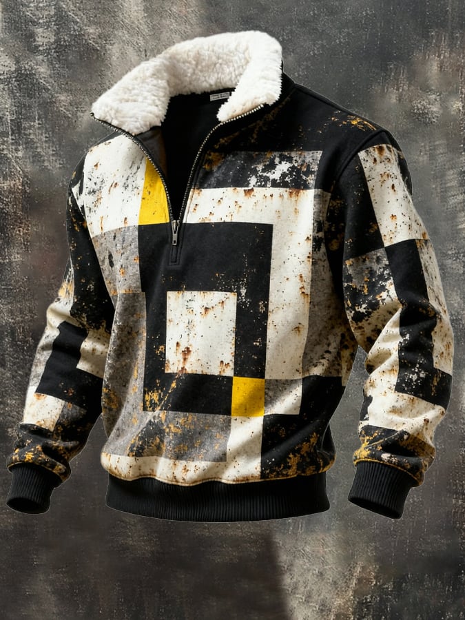 Sudadera retro en bloques de color estampado casual Fur cuello para hombre