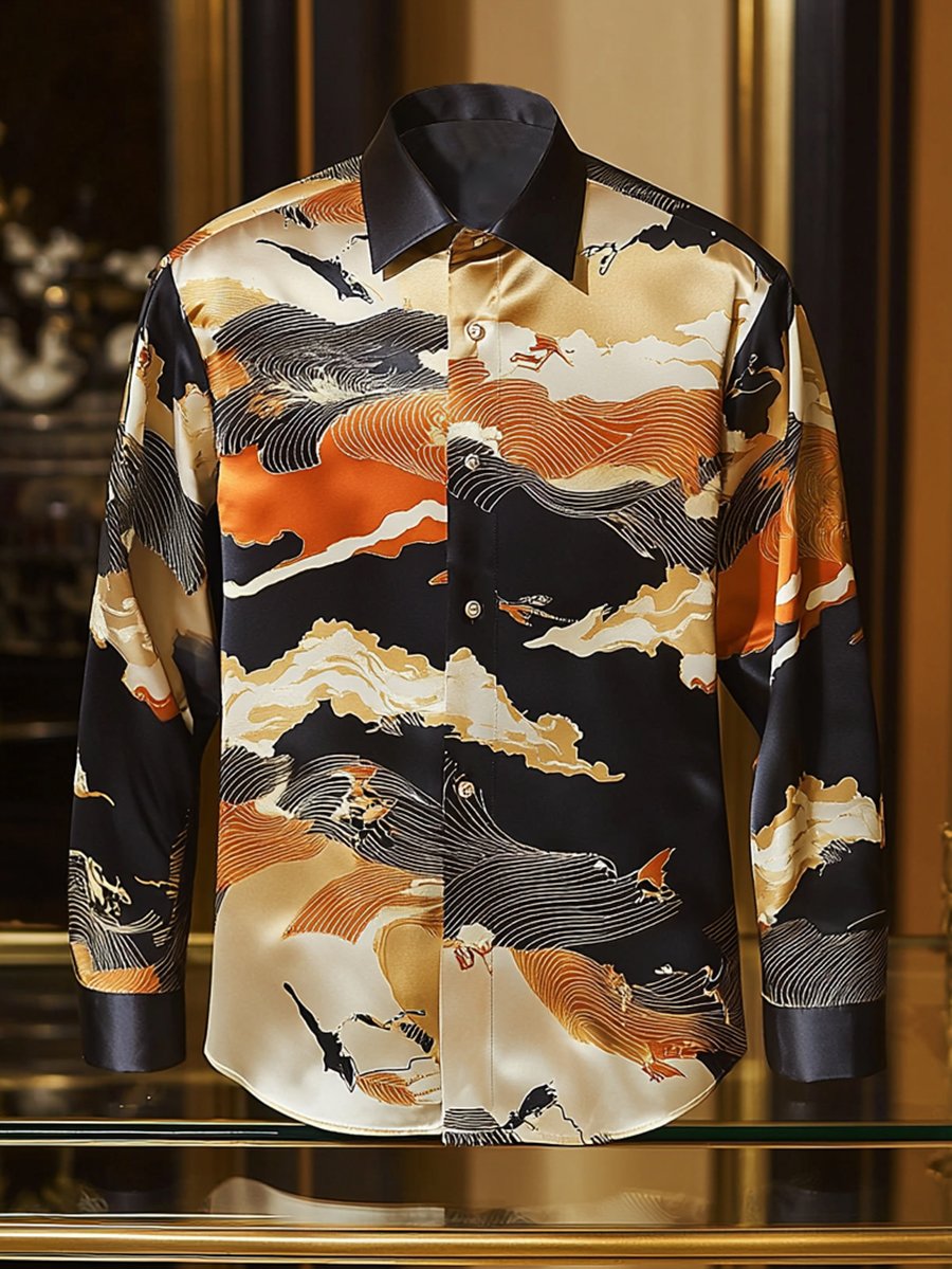 Camisa satén Ukiyo-E de lujo ejecutivo de manga larga para hombre