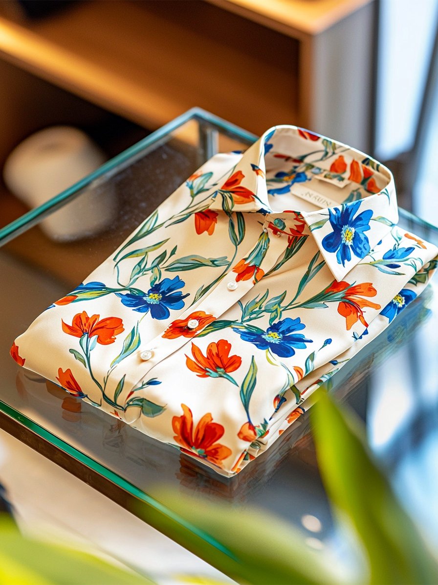 Camisa satén Luxe hawaiano estampado de manga corta Button para hombre