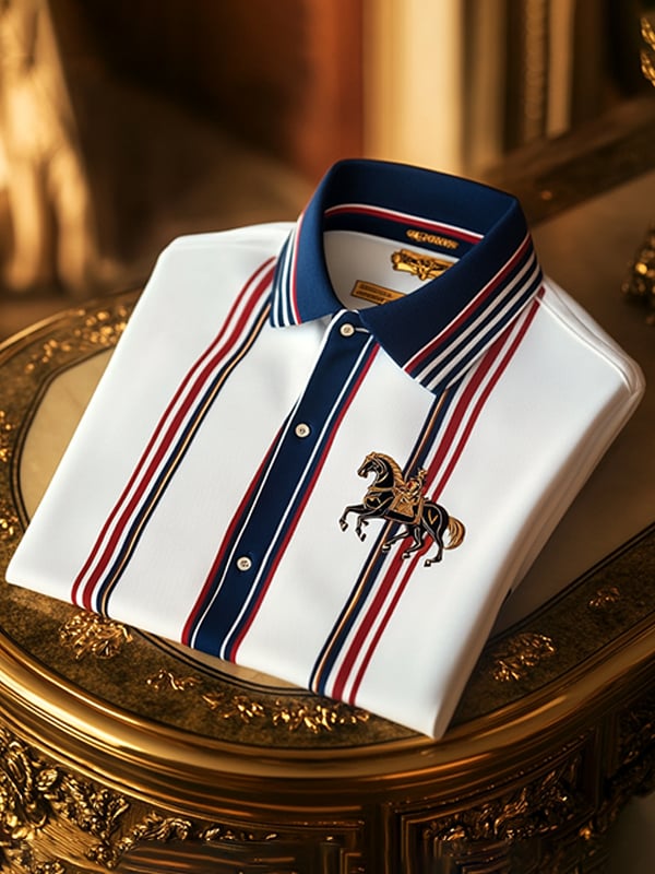 Camisa polo ejecutivo rayas Logo con botones de manga corta para hombre