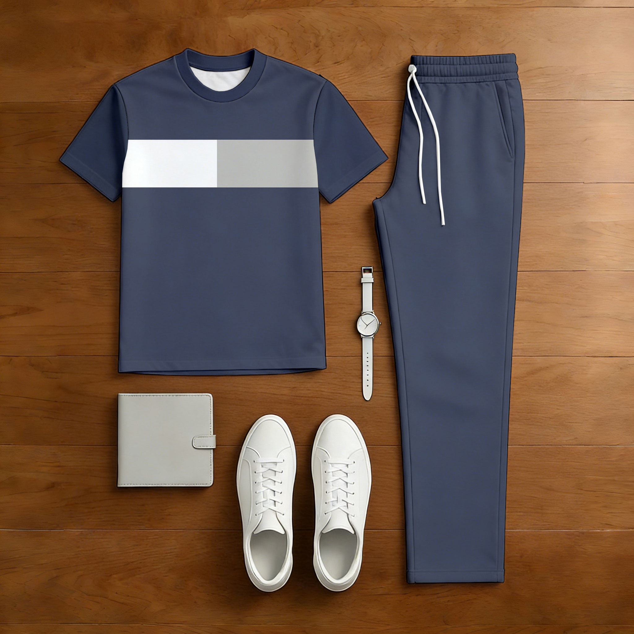 Conjunto de dos piezas casual Navy Blue Color Matching estampado de manga corta camiseta & Trousers para hombre