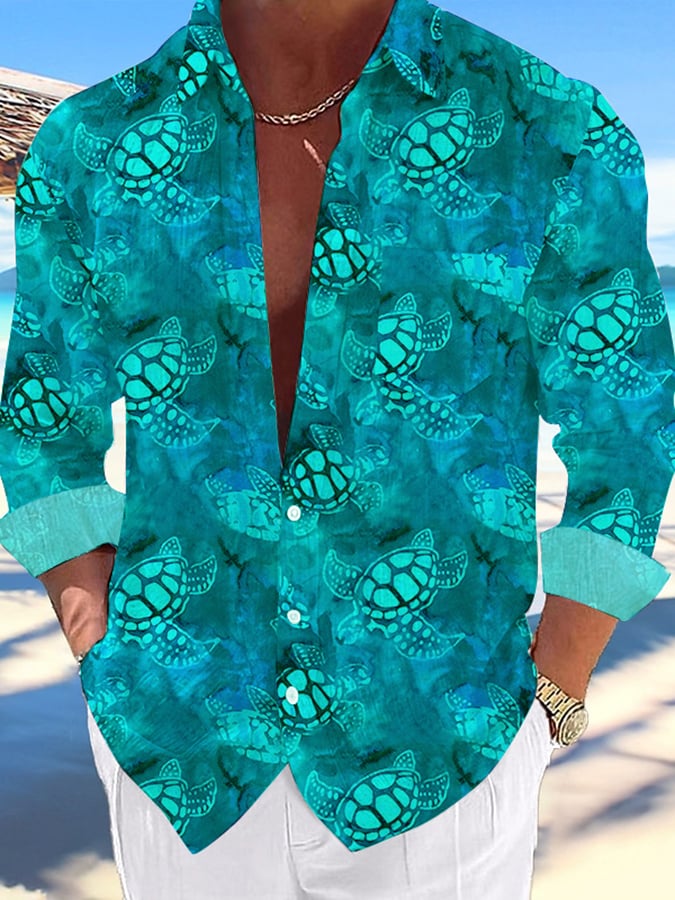 Camisa casual Hawaiian Turtle estampado Lapel para hombre
