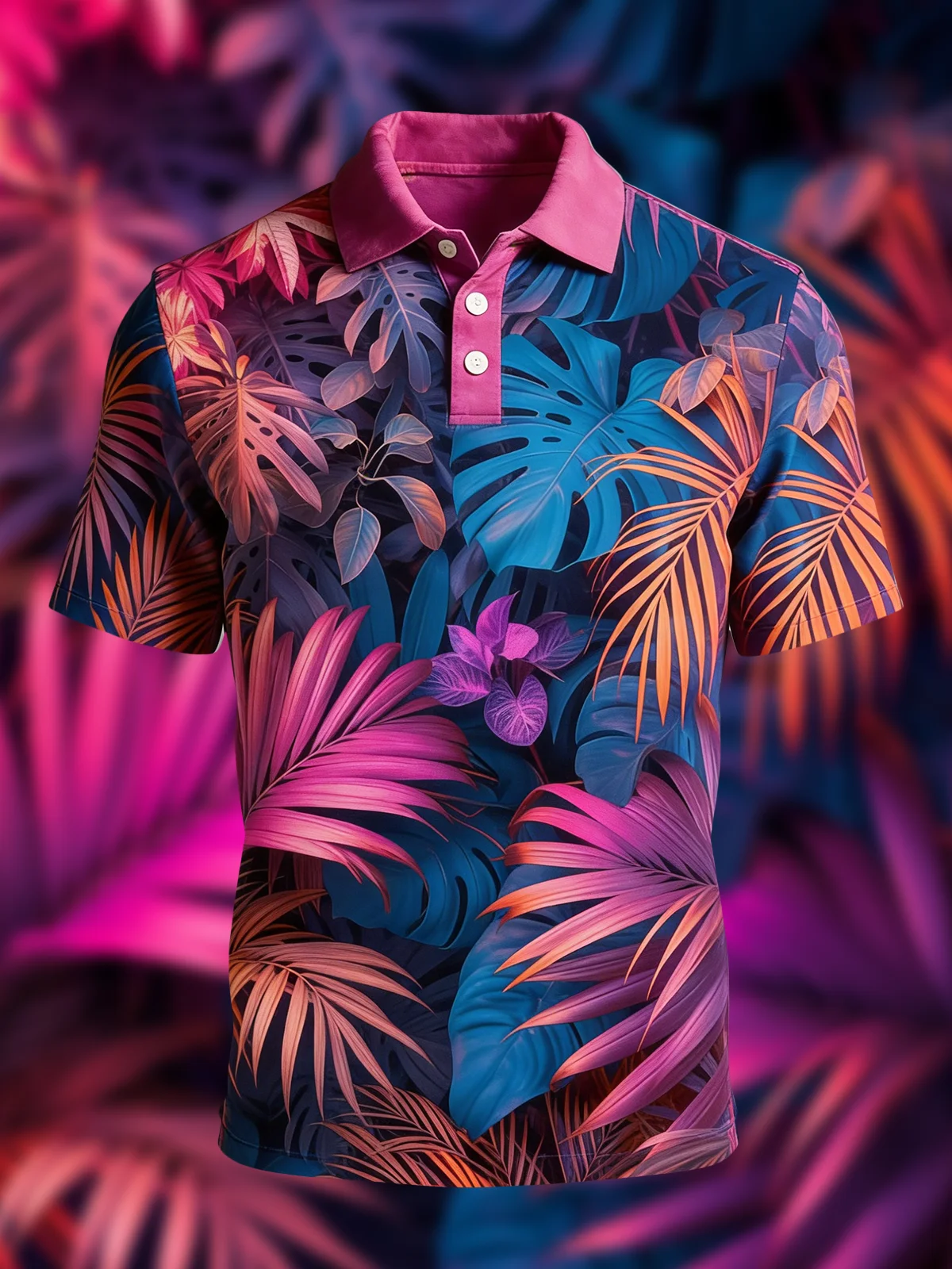 Moisture Wicking 3D Neon Color tropical Plant Leaves de manga corta Golf Polo