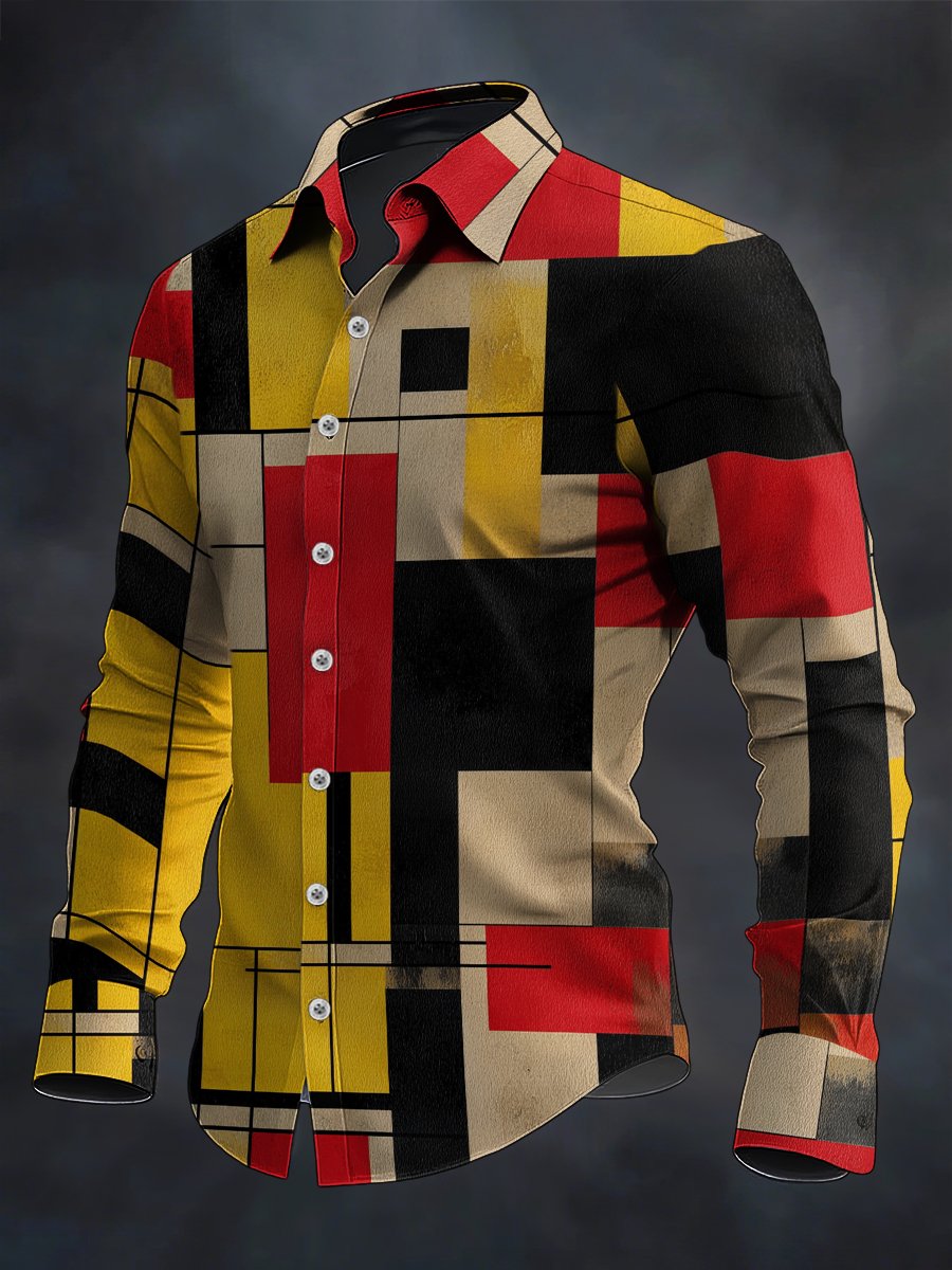 Camisa retro casual geométrico Art de manga larga para hombre
