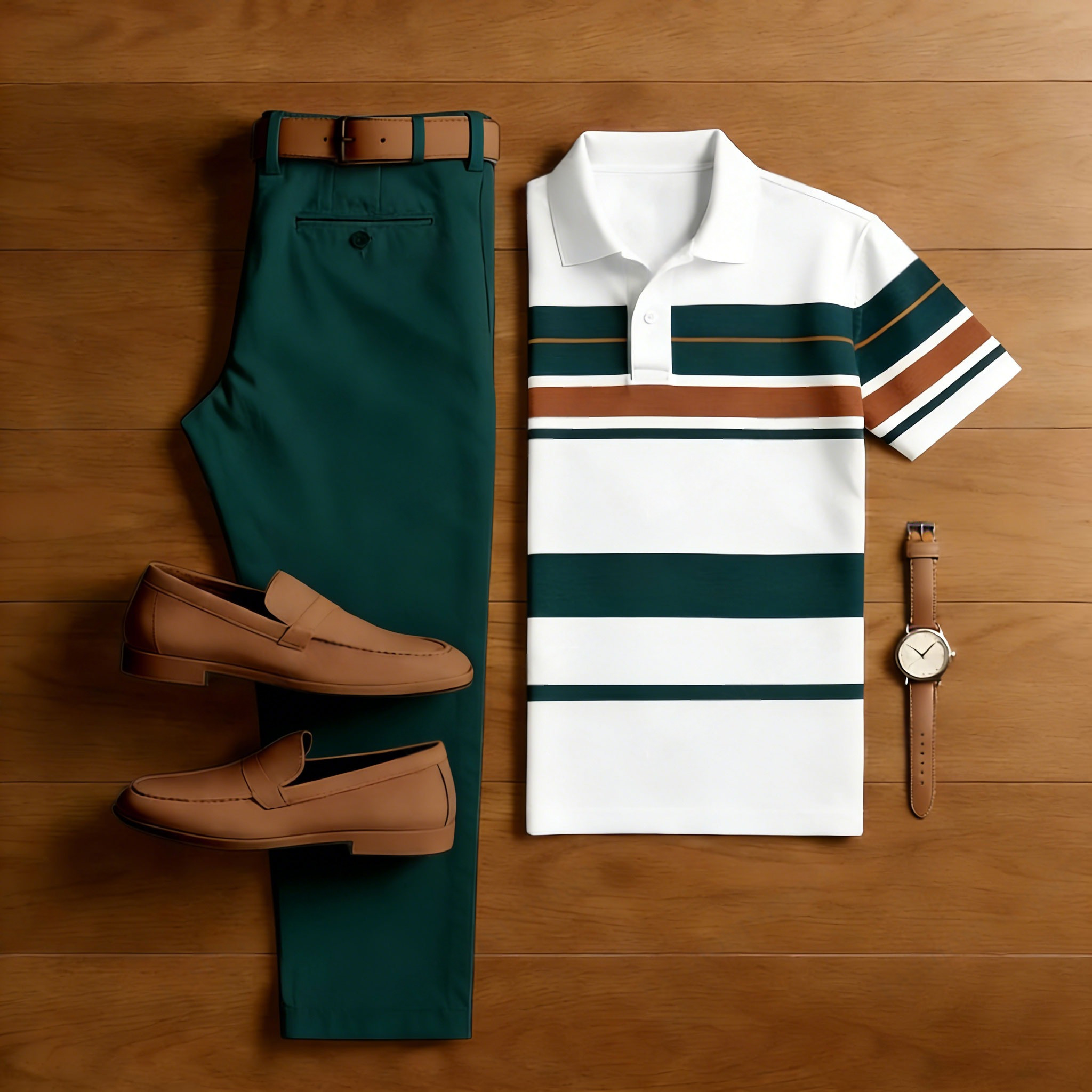Conjunto de dos piezas casual White & Green Geometric Shapes estampado camisa polo And pantalón para hombre