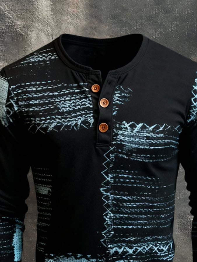Camiseta retro Stitching Contrast Color Henley cuello de manga larga para hombre