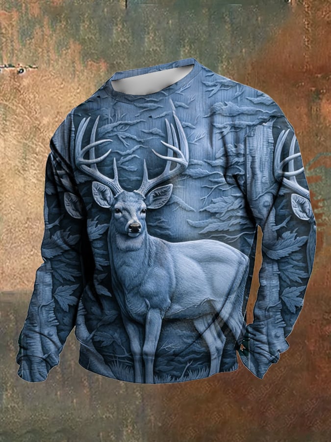 Sudadera retro Western 3D Deer diseño estampado cuello redondo para hombre