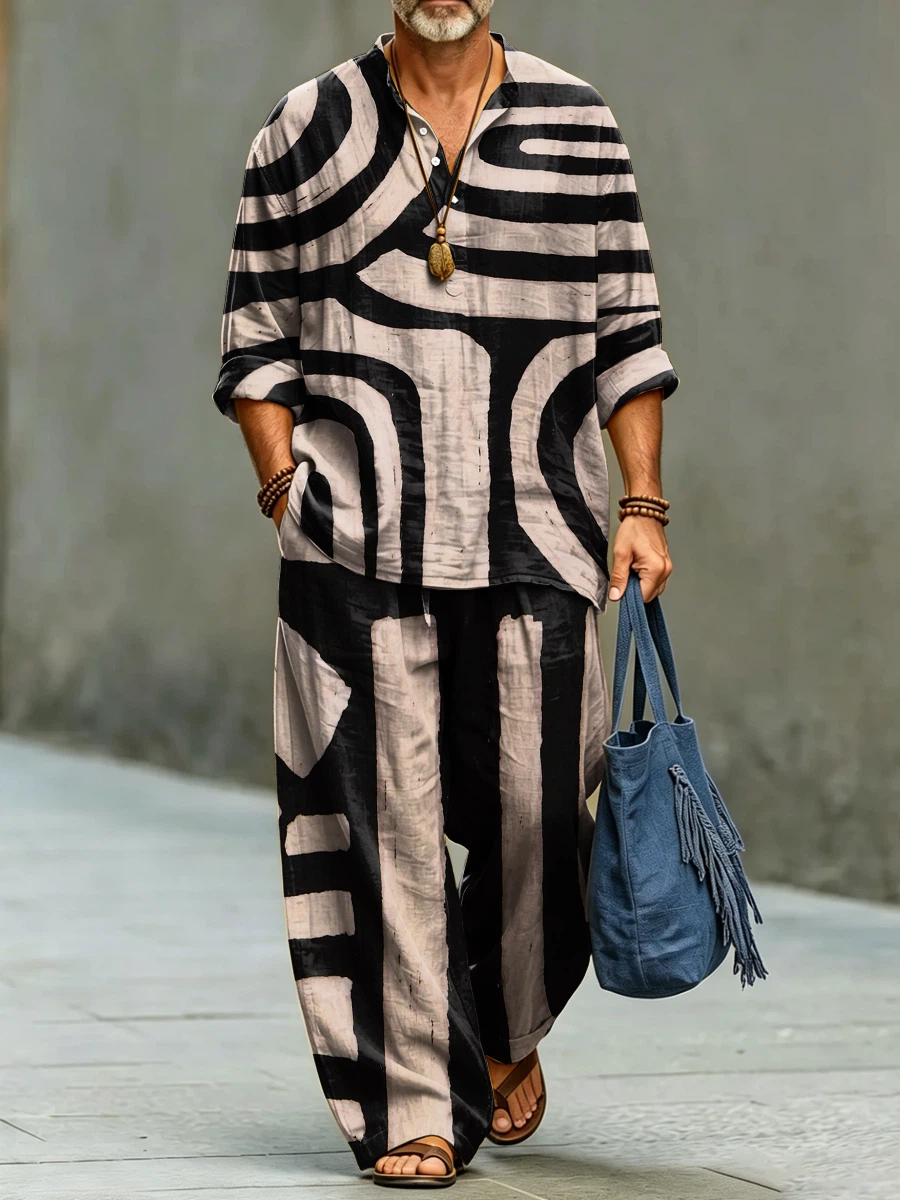 para hombre de modaable Abstract Stripe Art Print de algodón camisa Set