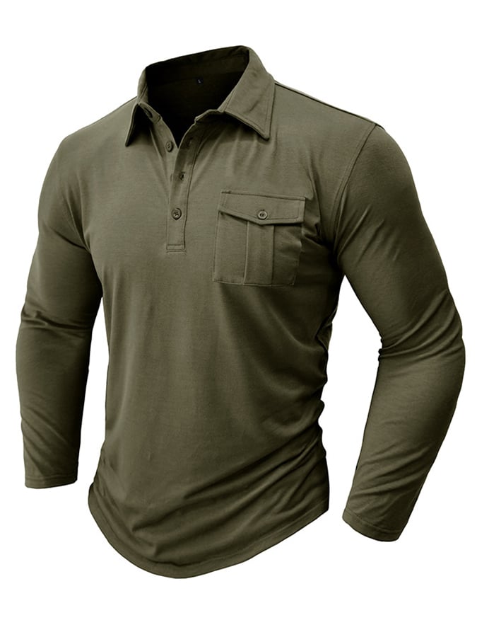 Camisa polo de color sólido de manga larga bolsillo para hombre