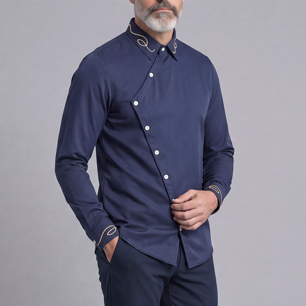 Camisa casual Solid-Color Slim-Fit de manga larga para hombre
