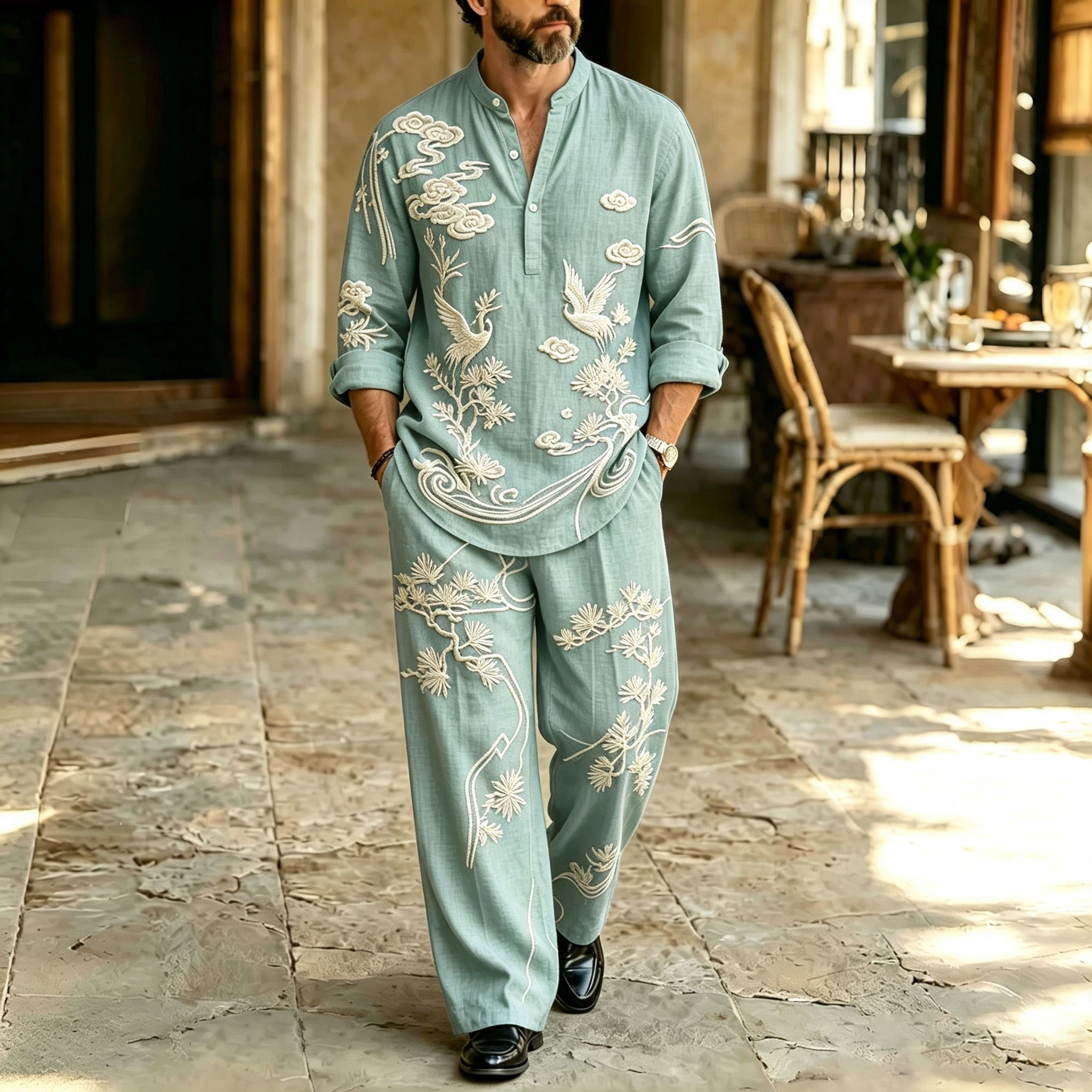 para hombre Animal-Print Stand-Collar camisa polo and pantalón Set