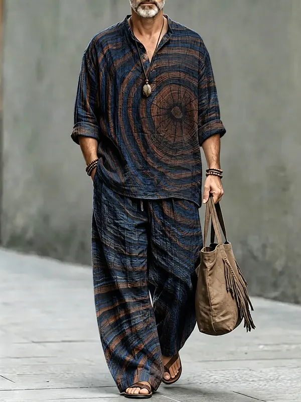 para hombre Geometric Art Inspired By Tree Rings Print Half Button de manga larga camisa pantalón 2pcs Set