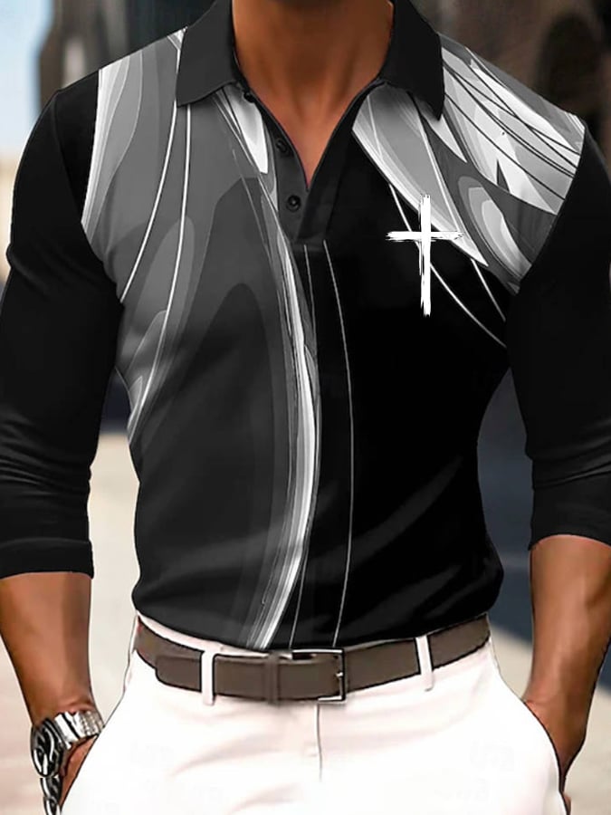 Casual Faith Contrast Color de manga larga Polo para hombre