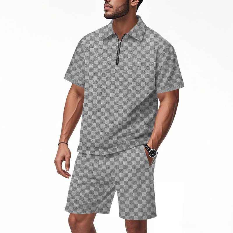 Conjunto de dos piezas Checkerboard Jacquard camisa polo and shorts Set, casual Half Zip de manga corta Collared Summer Outfit, Lightweight transpirable holgado Fit , Comfortable elegante Streetwear for para uso diario Wear Travel Vacation Resort Lounge para hombre