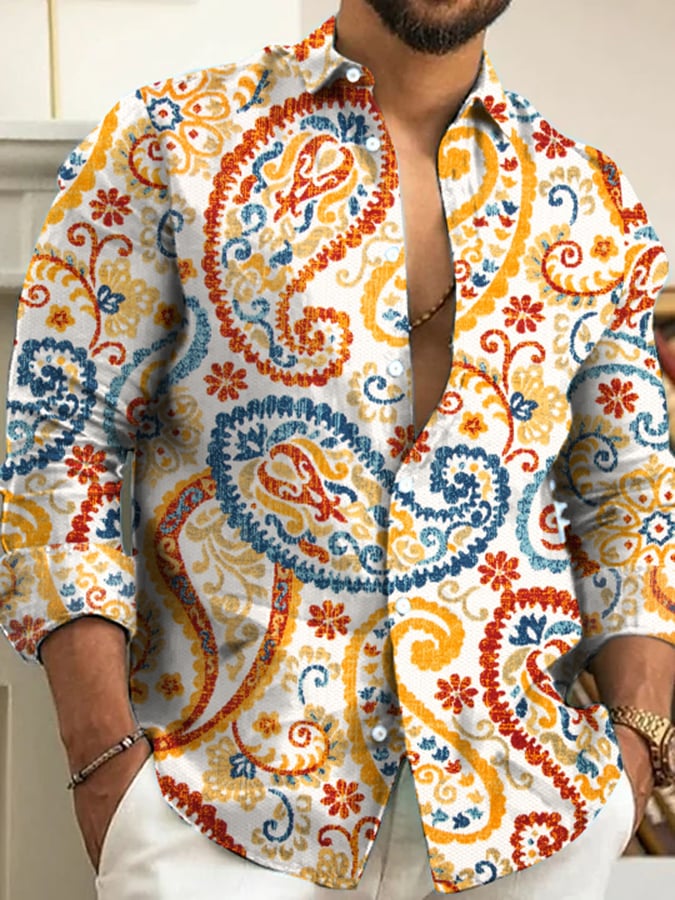 Camisa Ethnic retro Pattern Lapel para hombre