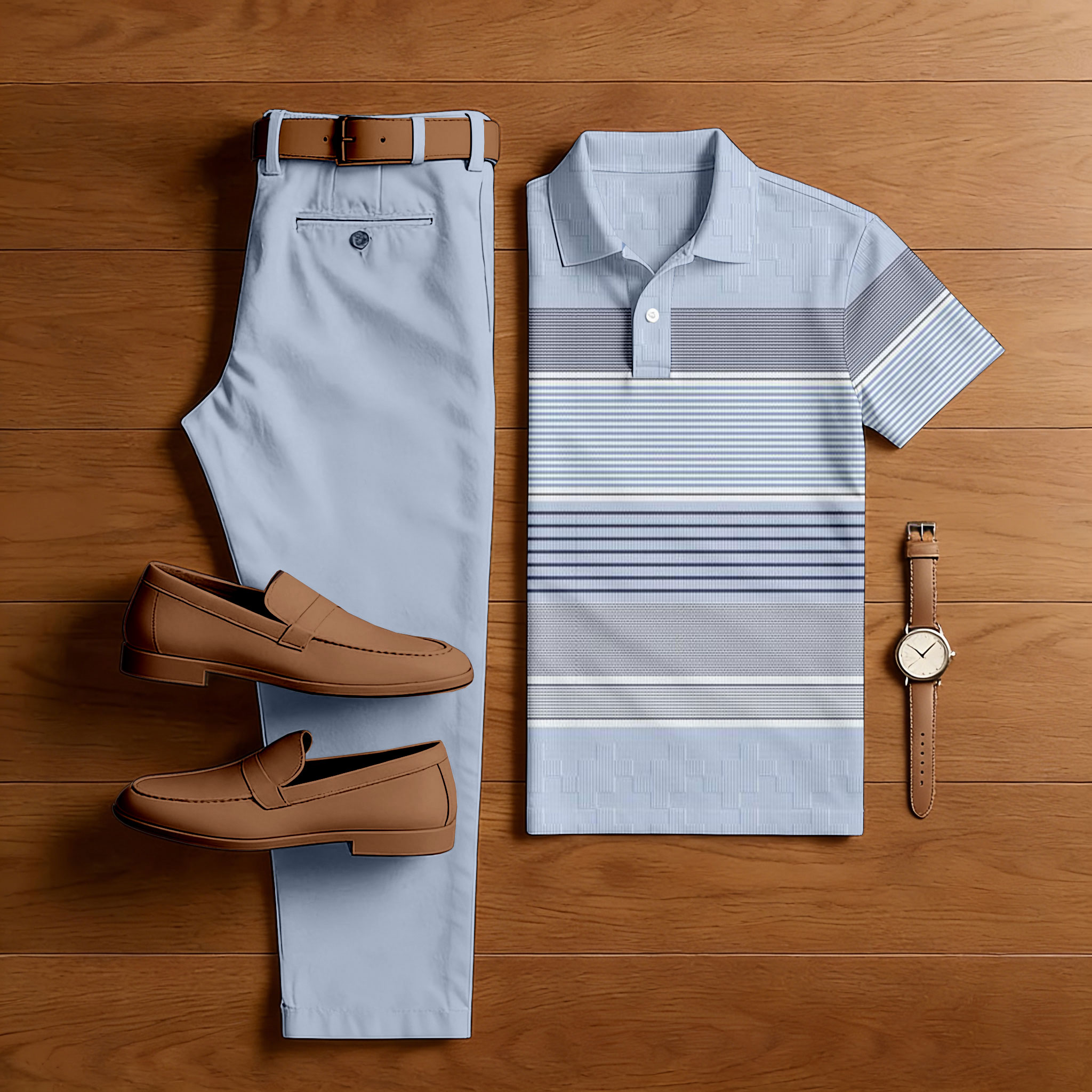 Conjunto de dos piezas casual Blue Color Matching Geometric estampado de manga corta camisa polo & Trousers 15 para hombre
