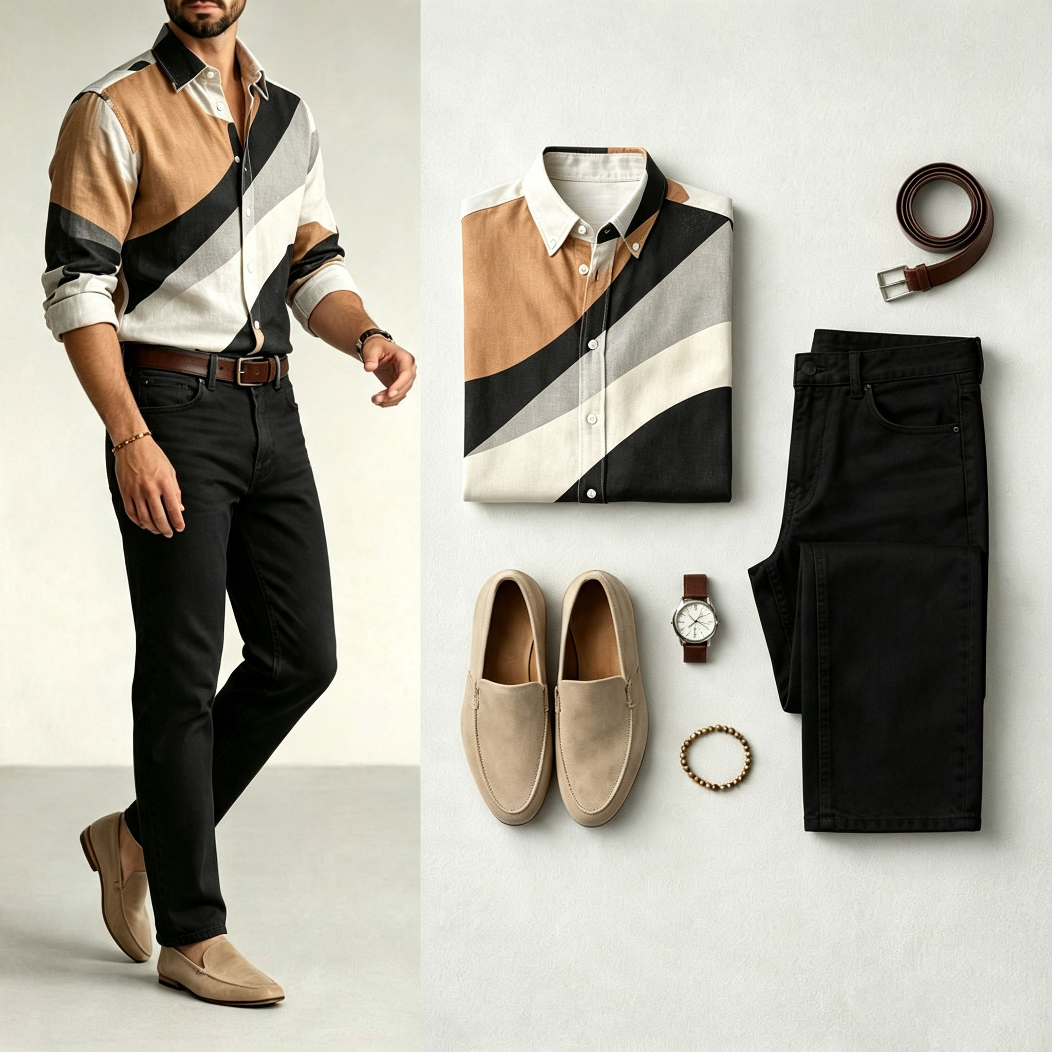 para hombre Two-Tone estampado de manga larga camisa and Jeans Set
