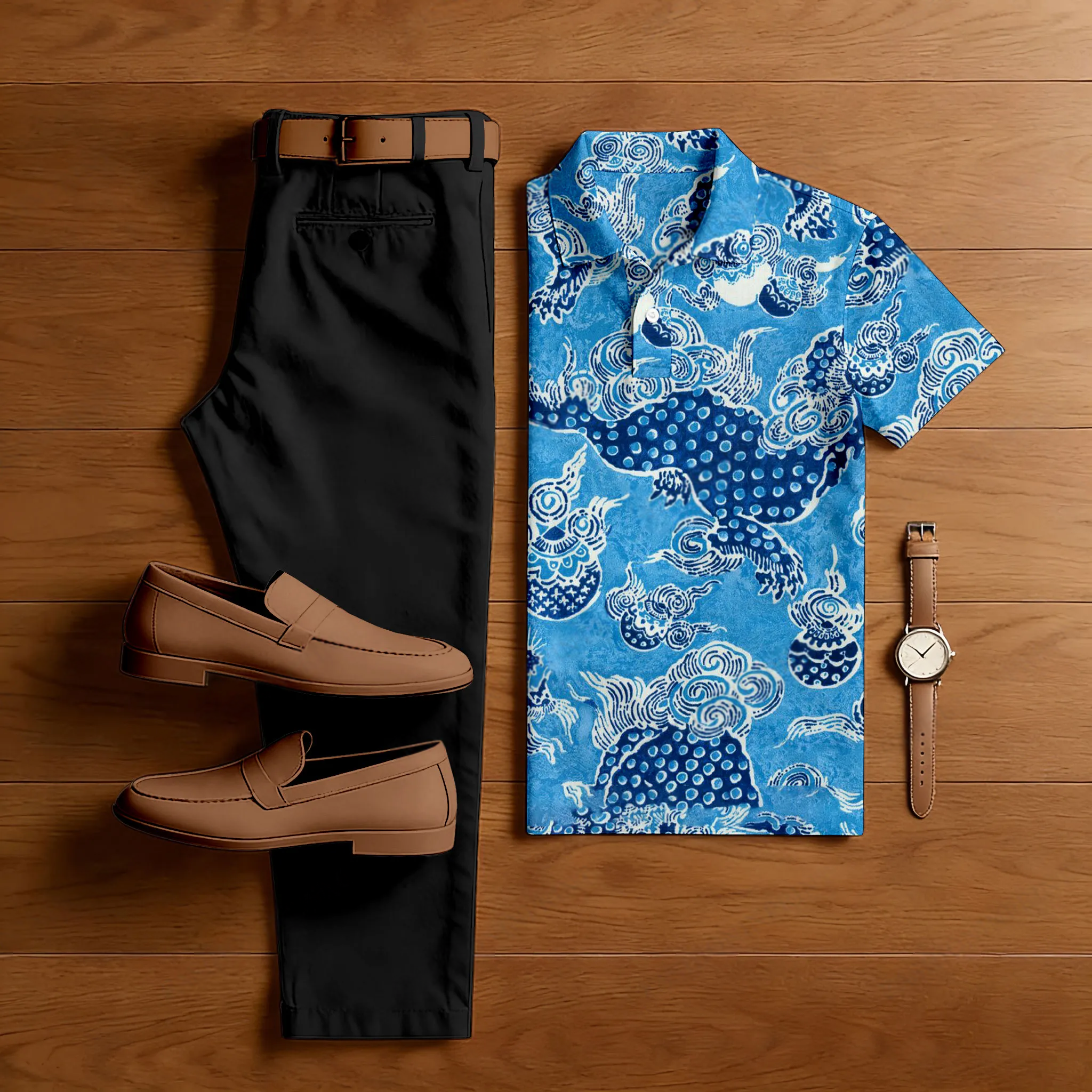 Conjunto de dos piezas casual Blue estampado camisa polo And pantalón para hombre