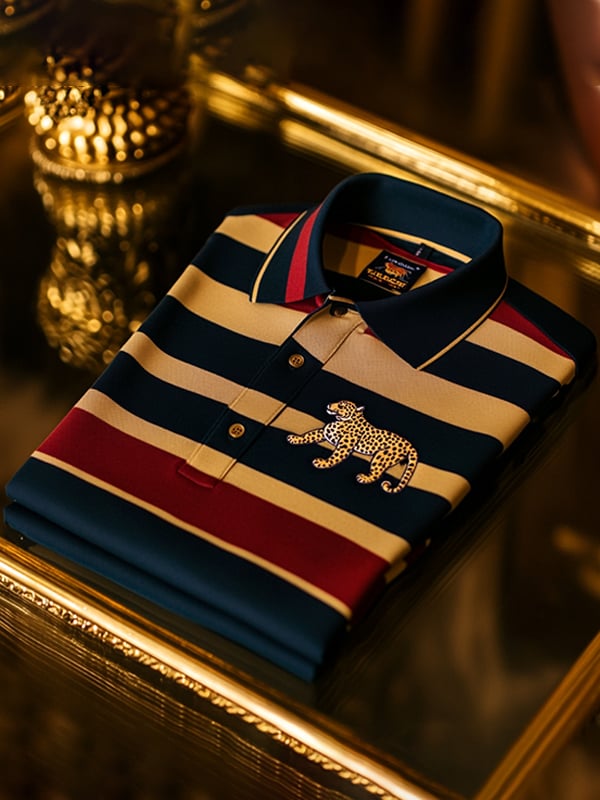 Camisa polo vintage ejecutivo Leopard Logo rayas estampado de manga larga para hombre