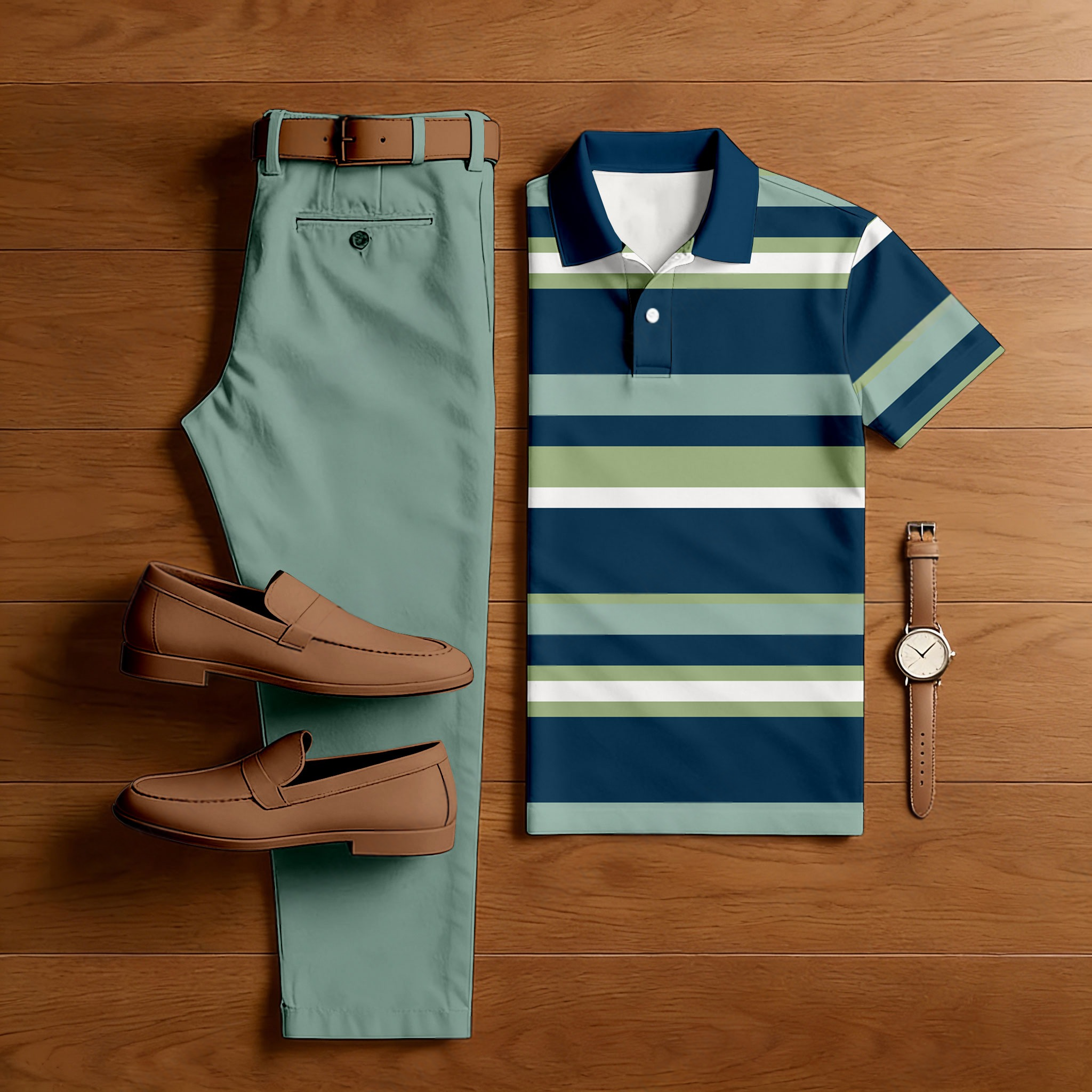 Conjunto de dos piezas casual Navy Blue & Green Color Matching a rayas estampado de manga corta camisa polo & Trousers para hombre