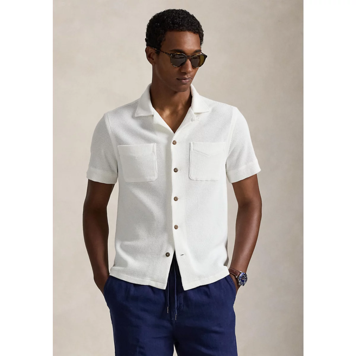 Waffle-Knit Cotton-Linen Camp Shirt - 1