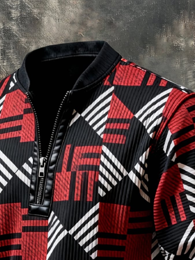 Sudadera vintage Color-Block estampado con cierre con gorrasucha para hombre