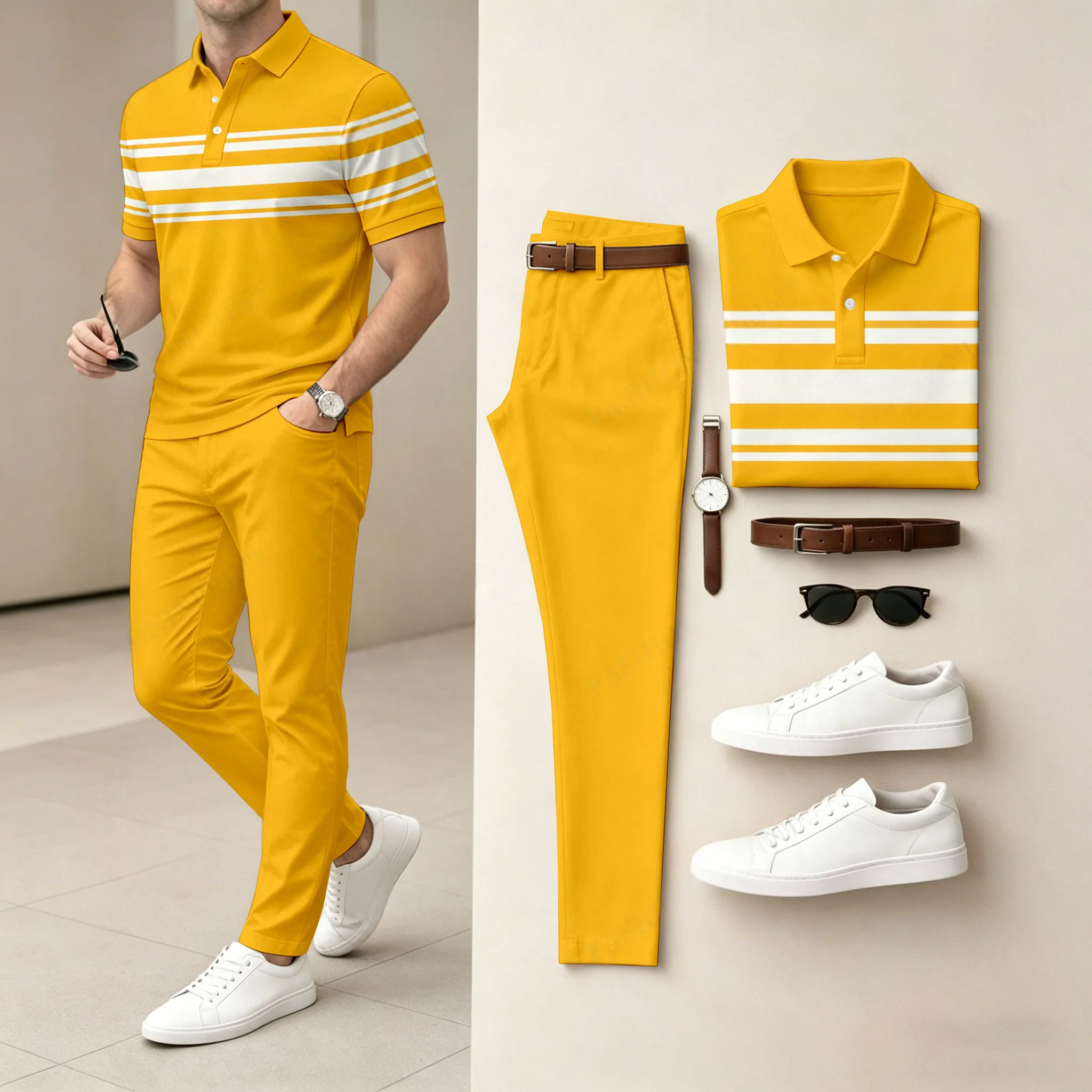 Conjunto de dos piezas Yellow & White Geometry casual estampado camisa polo And pantalón para hombre