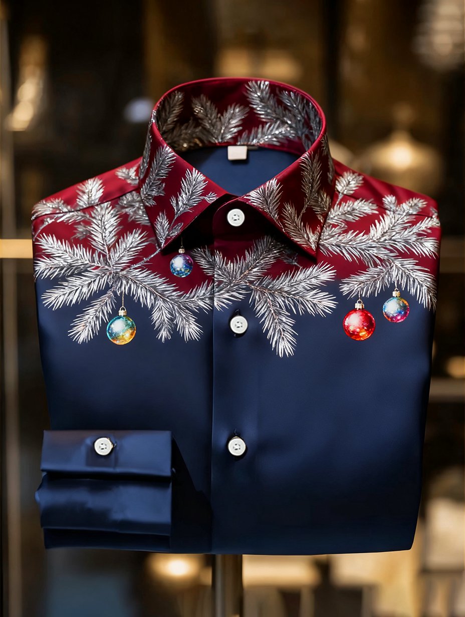Camisa de lujo Christmas Party de manga larga con botones para hombre