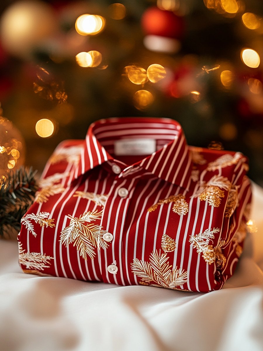 Camisa Christmas ejecutivo de lujo Red a rayas de manga larga para hombre