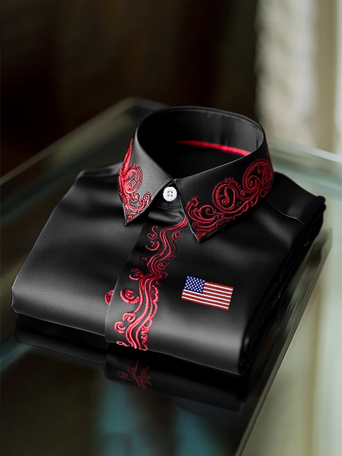 Camisa Independence Day Flag de moda ejecutivo de lujo Design Embroidery de manga larga para hombre