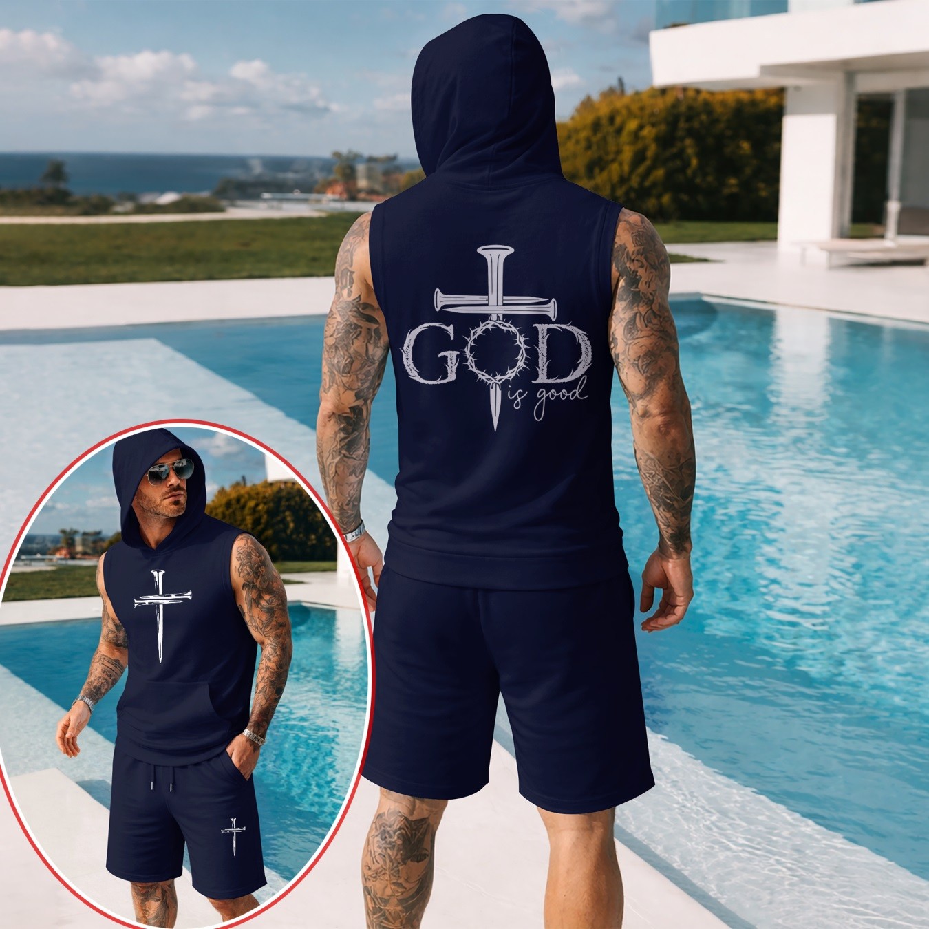 Conjunto de dos piezas Summer – Sleeveless sudadera con capucha & shorts, Faith & Prayer-Inspired Cross Design, casual Regular Fit Summer Outfit, Athletic Streetwear, Lightweight Summer Tracksuit para hombre