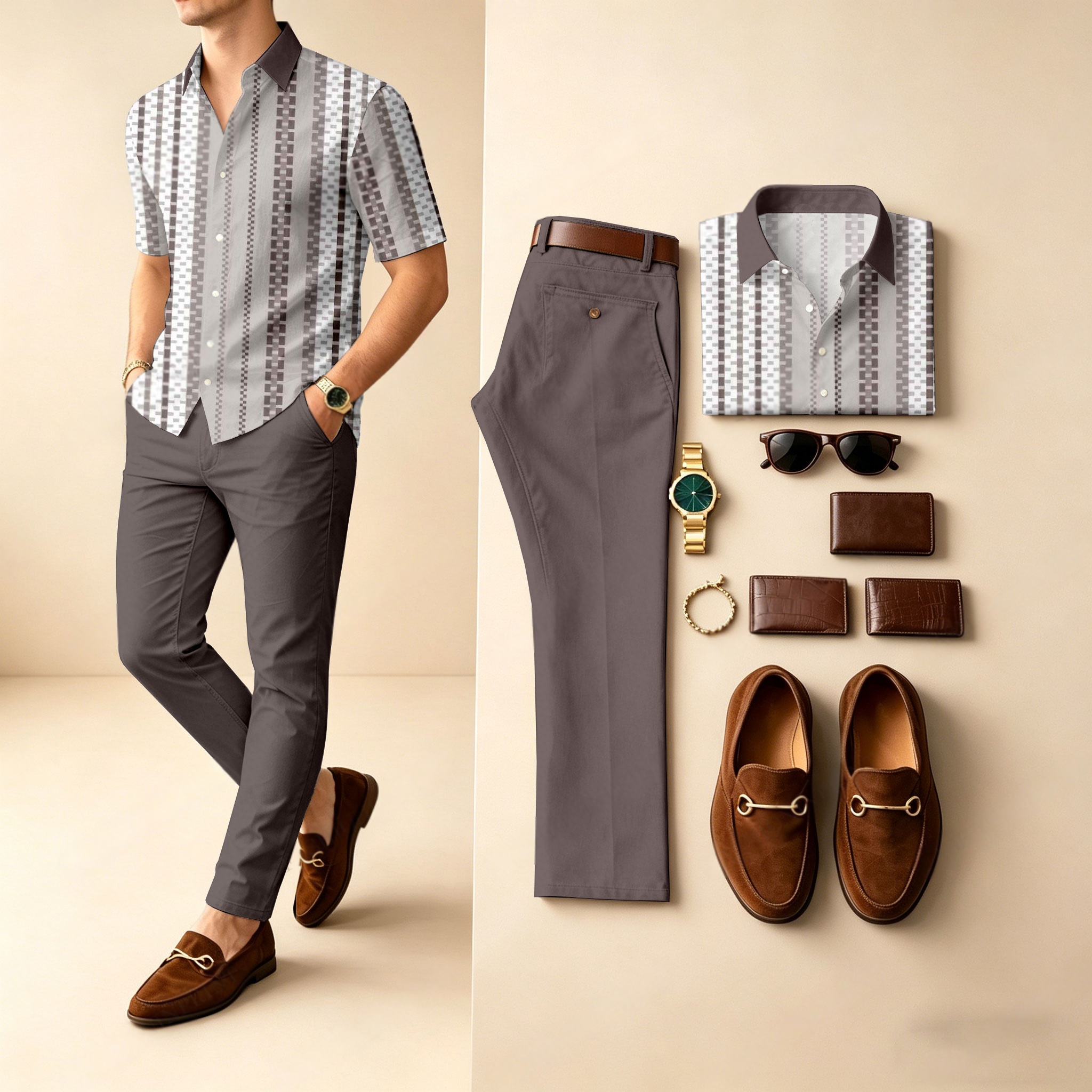 Conjunto de dos piezas casual estampado camisa polo And pantalón para hombre