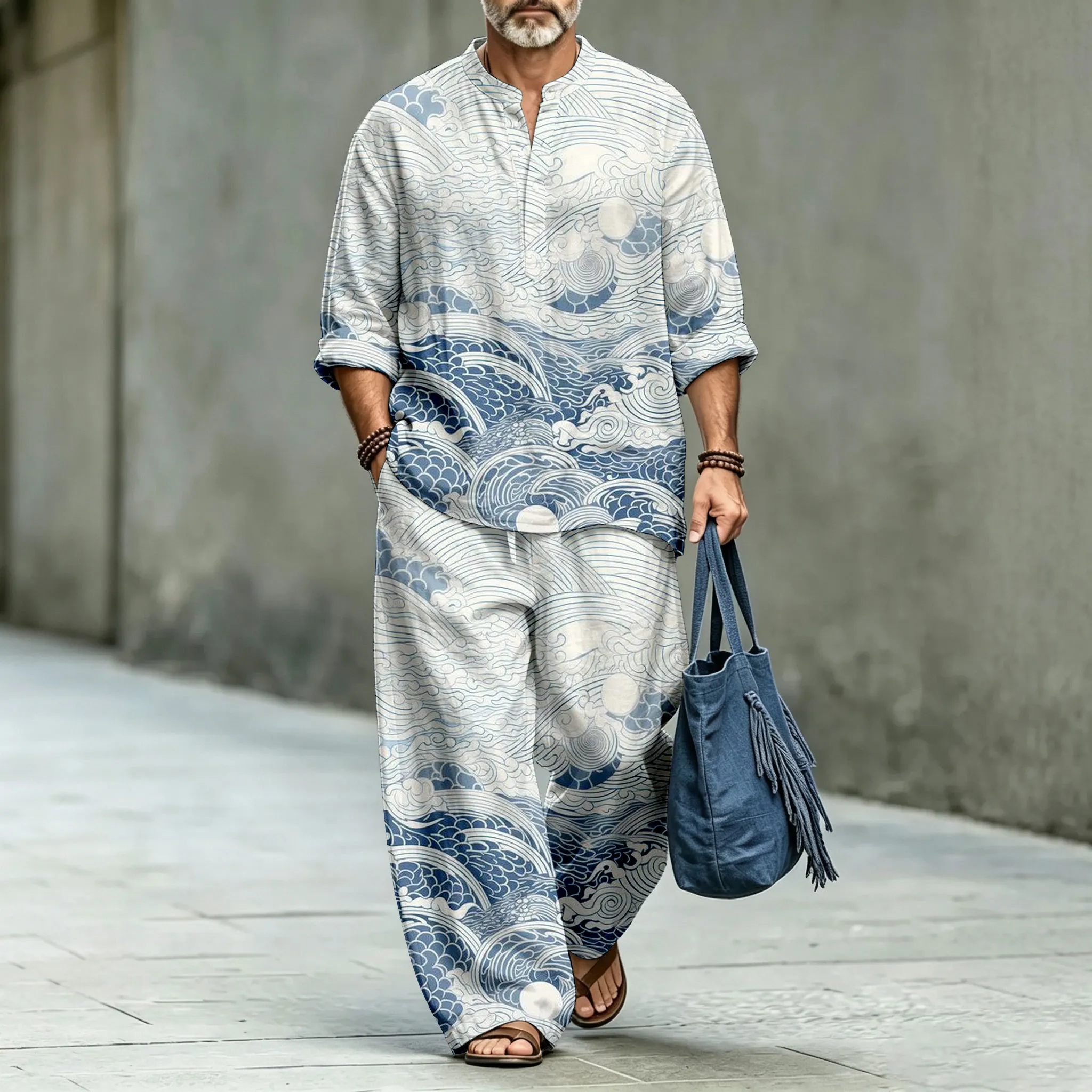 para hombre Wave-Patterned Stand-Up Collar camisa polo and Long pantalón Two-Piece Suit Set