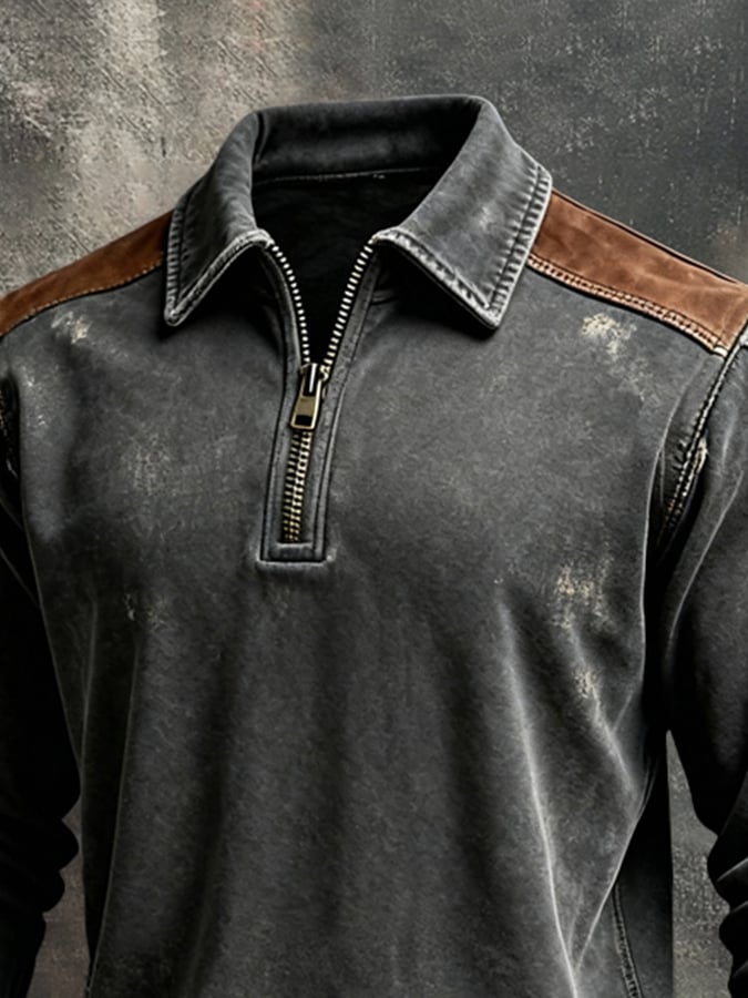 Sudadera vintage Pure de algodón Washed And desgastado Patchpara trabajo Color-Block de manga larga para hombre