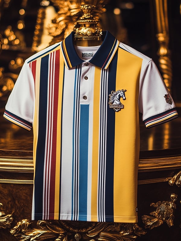 Camisa polo ejecutivo rayas Logo con botones de manga corta para hombre