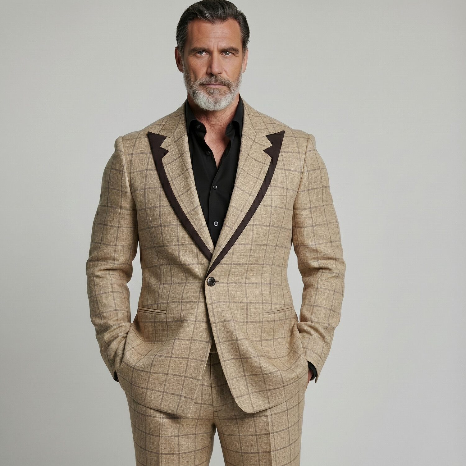 Saco Elegant Khaki a cuadros estampado Contrast Peak Lapel ejecutivo casual para hombre