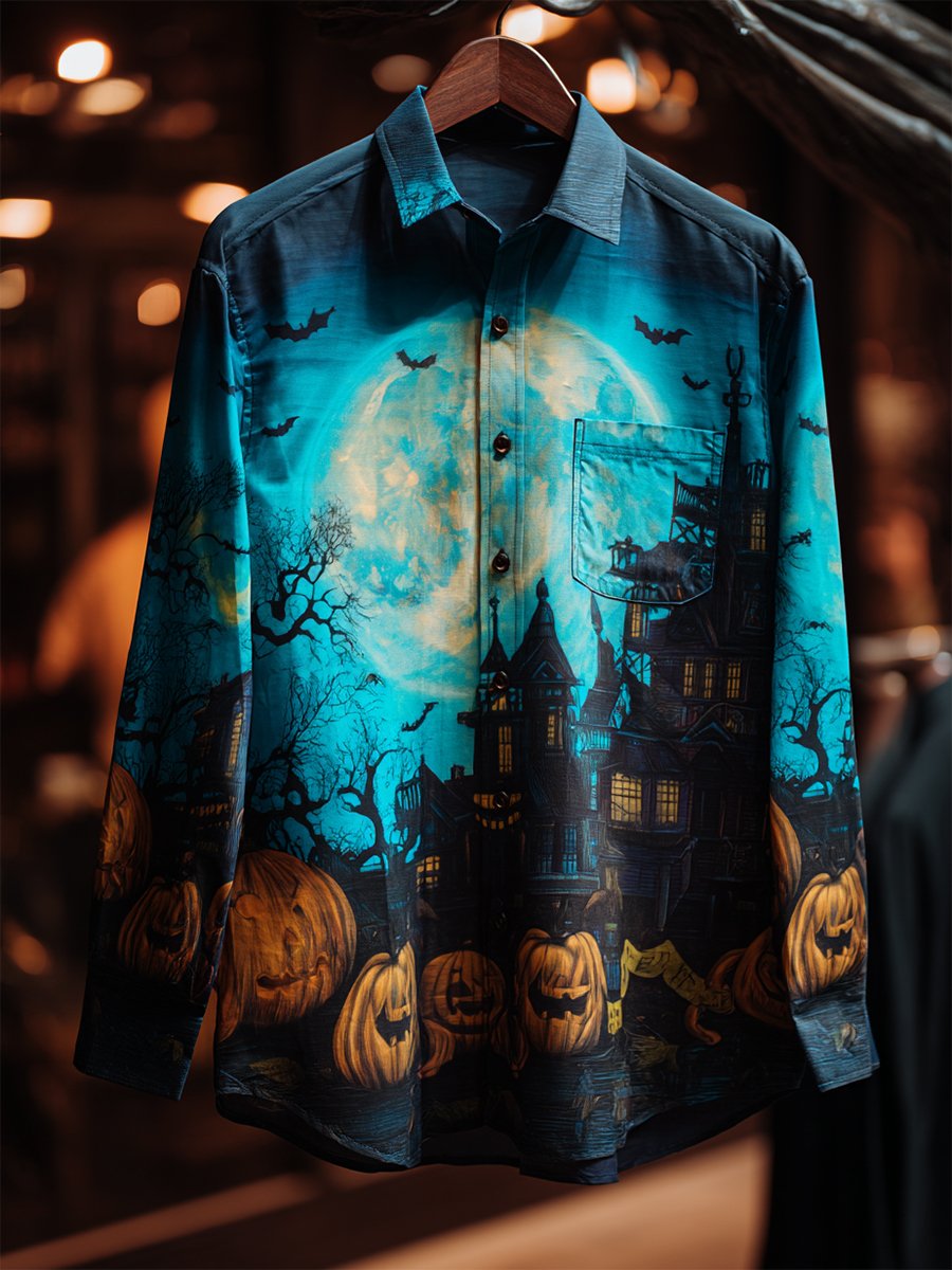 Camisa vintage Halloween estampado de manga larga para hombre