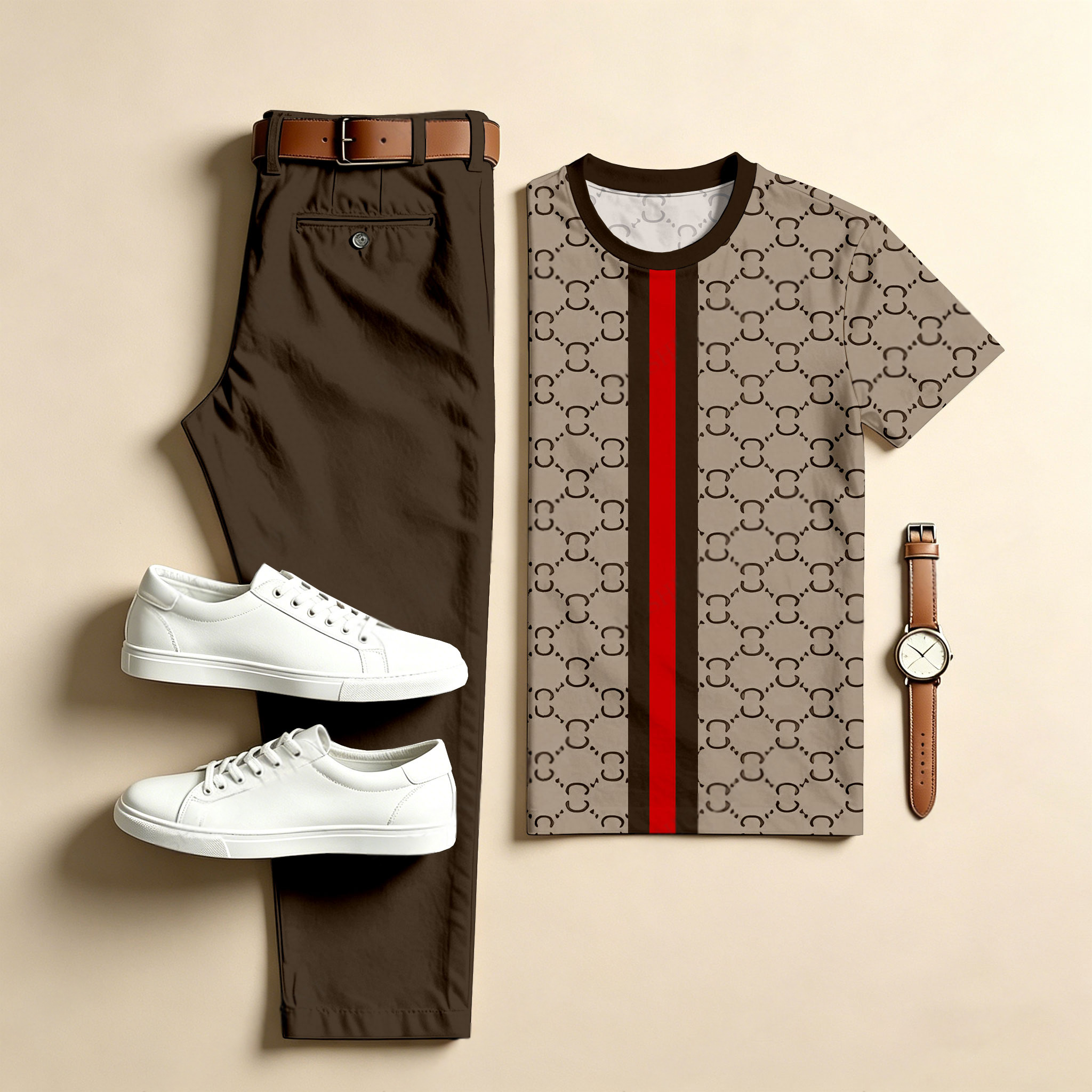Conjunto de dos piezas casual Brown a cuadros : estampado Crew Neck de manga corta Top & Long pantalón para hombre