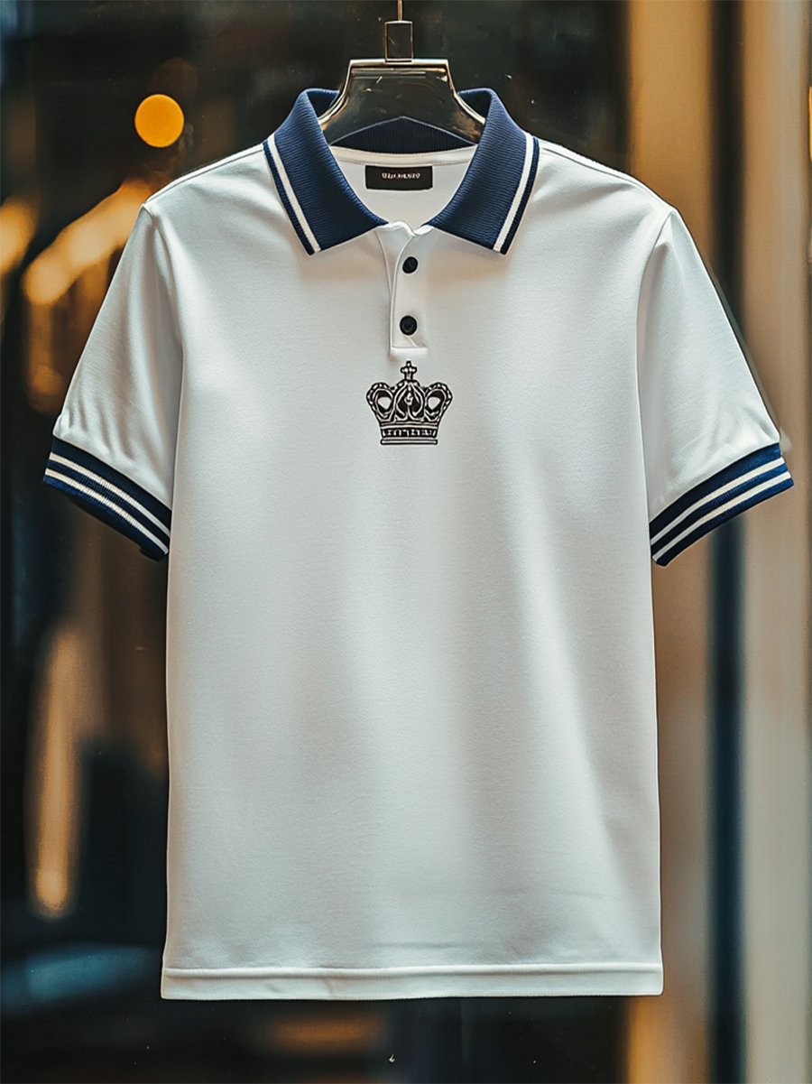 Camisa polo casual ejecutivo Crown estampado Button de manga corta para hombre