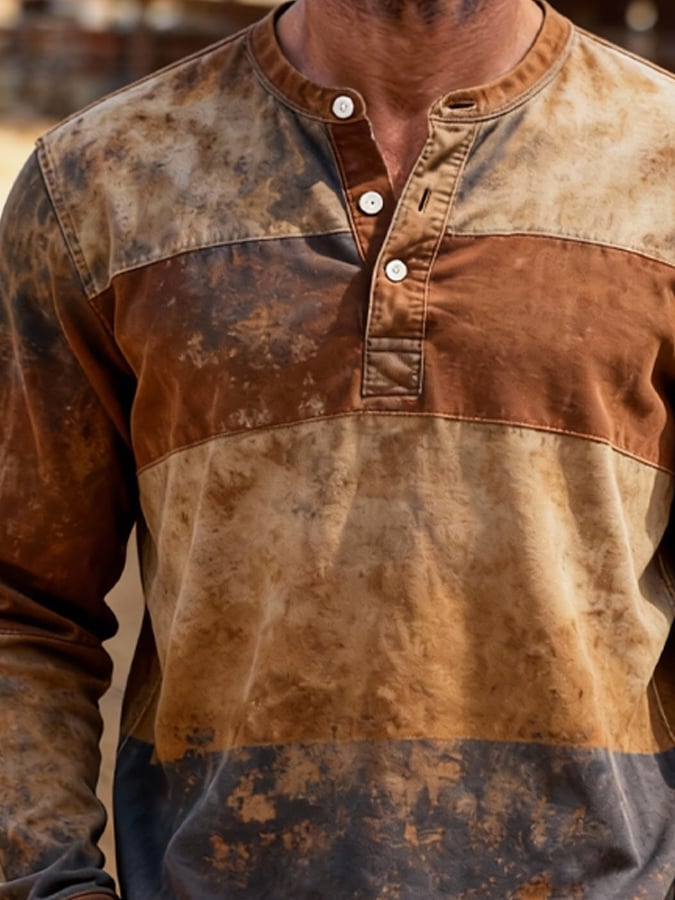 Retro en bloques de color de manga larga Henley para hombre