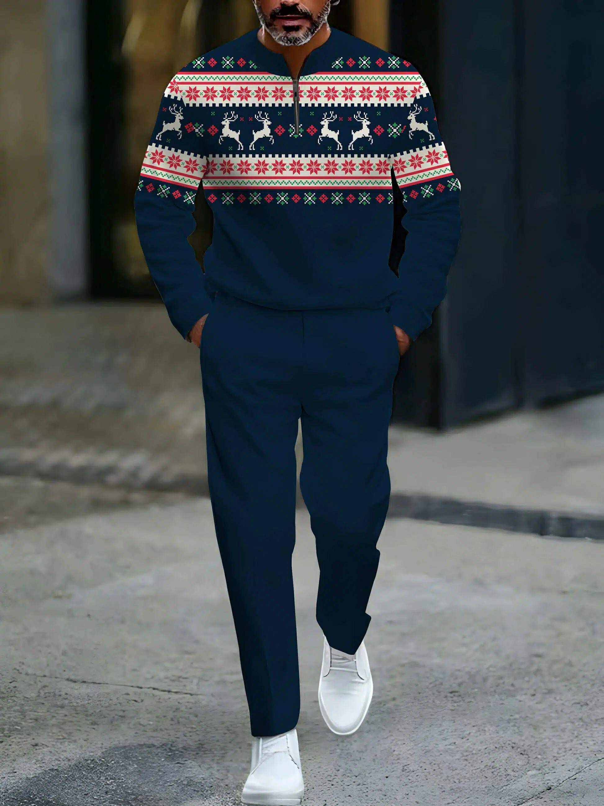 Conjunto de dos piezas casual Navy & Red Color Matching Elk Christmas Pattern Round-Neck Zipper de manga larga sudadera & Trousers para hombre