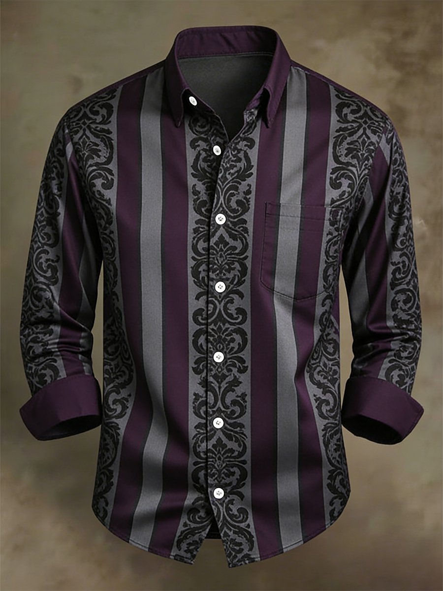 Camisa retro ejecutivo casual Baroque a rayas de manga larga para hombre